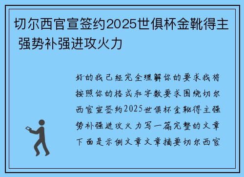 切尔西官宣签约2025世俱杯金靴得主 强势补强进攻火力